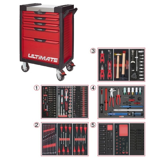 Servante Ultimate rouge 5 tiroirs avec composition 283 outils master méca auto