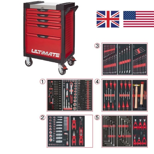 Servante Ultimate rouge 5 tiroirs avec composition 311 outils cote en pouce