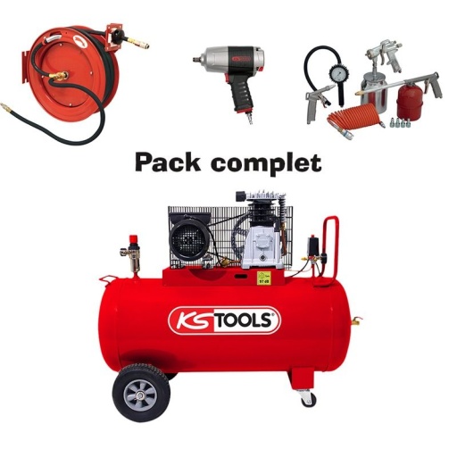 Compresseur ks tools 100L + enrouleur pneumatique pro + accessoire + clé choc ks tools