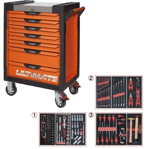 Servante Ultimate orange 7 tiroirs avec composition 158 outils 