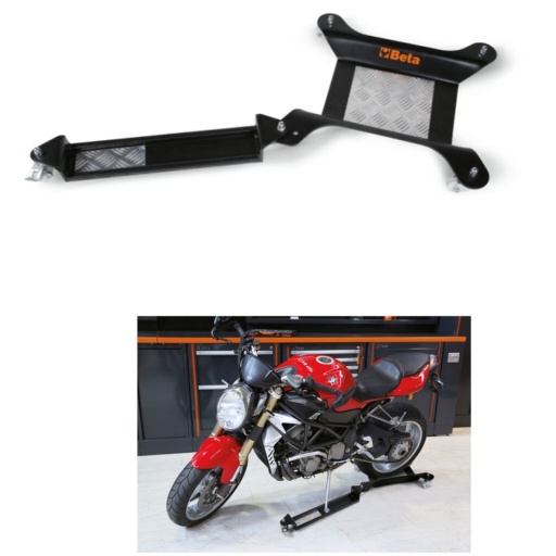 Base mobile pour chevalet central ou pour roue arrière moto avec extension pour chevalet latéral