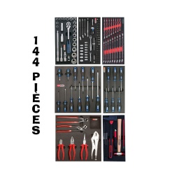 Compo outils 3 tiroirs 144 pièces kstools
composition 144 pièces :
module douilles 1/2 version 2016 :
- 1 cliquet 72 dents avec système push longeur 250mm - 2 rallonges 125-250mm - 1 cardan
- 1 adaptateur 3/8-1/2
- 17 douilles courtes 10-11-12-13-14-15-16-17-18-19-20-21-22-24-27-30-32mm - 2 douilles à bougies 16-21mm module douilles 1/4 :
- 1 tournevis cliquet 72 dents
- 1 cliquet 1/4 métal ten 125mm - 1 mini clé cliquet 1/4 x 1/4
- 1 adaptateur 1/4x4mm - 1 porte embout 4mm magnétique
- 1 poignée coulissante 1/4
- 1 rallonge entraînement 6pans 50mm - 3 clés cliquets réversibles 8-10-13mm - 1 rallonge 1/4" 150mm - 13 douilles : 4-4.5-5-5.5-6-7-8-9-10-11-12-13-14mm - 29 embouts de vissages 6.35mm 
3 fentes 4-5.5-7mm 3 phillips ph1-ph2-ph3
3 pozidriv pz1-pz2-pz3
7 torx t10-t15-t20-t25-t27-t30-t40
7 torx percé t10-t15-t20-t25-t27-t30-t40
6 6 pans 3-4-5-6-7-8mm - 20 micro embouts de vissages 4mm 
4 fentes 0.8-1.2-1.5-1.8mm 3 phillips ph0-ph00-ph000
3 pozidriv pz0-pz00-pz000
6 torx t3-t4-t5-t6-t7-t8
4 6 pans 0.7-0.9-1.3-1.5mm module 17 clés mixtes :
6 - 7 - 8 - 9 - 10 - 11 - 12 - 13 - 14 - 15 - 16 - 17 - 18 - 19 - 20 - 21 - 22 mm module 11 tournevis plats cruciformes :
- 6 tournevis plats 3-4-5.5-6.5-8-10mm - 2 court (38mm  6mm et ph2
- 3 cruciformes ph1-ph2-ph3
module 6 tournevis torx :
t10-15-20-25-30-40
module 6 pinces :
- 1 pince coupante de côté 165mm - 1 pince universelle 180mm - 1 pince bec demi rond 200mm - 1 pince étau 10" 250mm - 1 pince multiprise gainée  10" 250mm - 1 tenaille russe 250mm module martellerie :
- marteau mécanicien 500g (manche bois)
- 1 jeu de chasses goupilles 2-3-4-5-6-8mm - 1 cutter universel