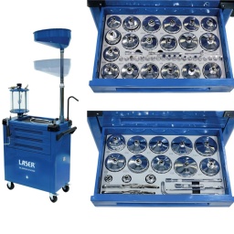 Poste mobile de vidange d'huile entièrement équipé, combinant un bac de vidange par gravité classique réglable en hauteur, une trémie de vidange sous vide et un réservoir d'huile usagée dans un poste autonome entièrement mobile.
Comprend également 3 tiroirs de rangement avec un jeu complet de 58 clés pour filtres à huile (Référence 9128).
Capacité maximale du réservoir de stockage : 70 L avec jauge visuelle. Bac de vidange : 10 L. Pichet doseur (à vide) : 10 L.
Tuyaux d'aspiration d'huile : 1 x 5 mm de diamètre, 2 x 6 mm de diamètre, 2 x 8 mm de diamètre x 700 mm de long.
Utilise l'air comprimé d'atelier pour l'aspiration et la vidange. Alimentation en air 110 psi max. (8 bar).
Comprend également : 4 roues quatre pouces - 2 fixes et 2 pivotantes avec freins. Chariot principal en acier. Hauteur de travail minimale : 1 440 mm.
3 tiroirs pour le rangement des outils de vidange d'huile. Fourni avec un kit de 58 pièces pour clés de vidange style coupelle et clés de serrage pour filtre à huile, référence Laser 9128