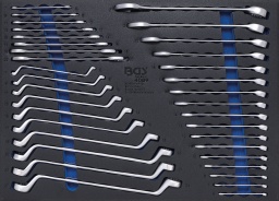 forgé à froid extrémité du cliquet coudée Étendue de la livraison : 8 clés à fourche doubles : 6 x 7 - 8 x 9 - 10 x 11 - 12 x 13 - 14 x 15 - 16 x 17 - 18 x 19 - 20 x 22 mm 17 clés mixtes : 6 - 7 - 8 - 9 - 10 - 11 - 12 - 13 - 14 - 15 - 16 - 17 - 18 - 19 - 22 - 24 - 27 mm 10 Clés à œil doubles, contre-coudées profondes : 6 x 7 - 8 x 9 - 10 x 11 - 12 x 13 - 14 x 15 - 16 x 17 - 18 x 19 - 20 x 22 - 21 x 23 - 24 x 27 mm Hauteur de l'insert sans outils: 32 mm