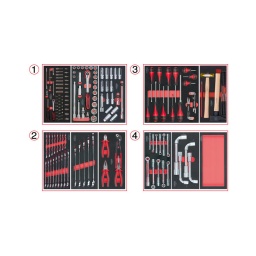 Composition d'outils 4 tiroirs pour servante
- empreinte des outils découpee au laser
- résistant aux huiles et produits chimiques
- mousse imputrescible
composition :
module de douilles et accessoires ultimate 1/4". 54 pièces
module de douilles et accessoires ultimate 1/2". 24 pièces
module de douilles longues et accessoires 1/2". 17 pièces
module de clés mixtes ultimate. 17 pièces - de 6 a 22 mm module de clés mixtes ultimate. 5 pièces - de 24 a 32 mm module de pinces. 4 pièces
module de vissage. 28 pièces
module d'outils de frappe manche bois. 9 pièces
module de clés à pipe. 4 pièces - de 21 a 27 mm module de clés à pipe. 11 pièces - de 8 a 19 mm module vide