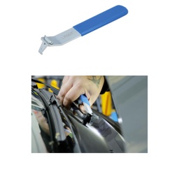 Simple levier/outil de traction conçu pour permettre la dépose rapide et facile des bras d'essuie-glace.
Placer le crochet sous la base du bras d'essuie-glace et placer le point de pivot sur la broche, puis serrer tout en soulevant le bras.
Action crochet et levier ou crochet et traction.
Simple mais efficace pour une dépose rapide et facile des bras d'essuie-glace.
REMARQUE : Ne pas utiliser le levier pour les travaux de carrosserie.