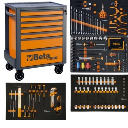 Servante mobile à 7 tiroirs RSC24/7 L'évolution de la cabine à roulettes C24S! Plan de travail renforcé et une large gamme d'accessoires dédiés! Disponible en 7 combinaisons de couleurs différentes! Nouveau plan de travail renforcé en ABS, conçu pour supporter les coffres à outils RSC22, RSC23, RSC23C et RSC23T. Composition outillage Beta made in Italie M301 : Clés mixtes, et pinces 26 pièces M307 : Douilles mâles 40 pièces M308 : Module vissage et martellerie 29 pièces M306 : Module douilles 1/4 et 1/2 embout de vissage Caractéristiques principales: - 7 tiroirs entièrement amovibles (588x367 mm), avec glissières à roulement à billes: 5 tiroirs, hauteur 70 mm 1 tiroir hauteur 140 mm 1 tiroir hauteur 210 mm - Dessus polyvalent avec bords anti-chute et huit trous pour le rangement des tournevis - Quatre roulettes Ø 125 mm: 2 fixes et 2 directionnelles (dont une avec frein). - Verrou de sécurité centralisé à l'avant. - Capacité de charge statique: 800 kg. - Porte-bouteille intégré (peut être appliqué des deux côtés). - Les accessoires suivants peuvent être ajoutés: plan de travail en bois 2400 RSC24 / PL panneau porte-outils perforé 2400 RSC24 / PF étagère pliante 2400 RSC24/MP porte-documents 2400 RSC24 // PD (disponible en gris anthracite ou noir) support de rouleau de papier 2400 RSC24 / PC (disponible en gris anthracite ou noir) - Bases de tiroirs protégées par des tapis en caoutchouc mousse. - Chaque tiroir peut accueillir jusqu'à 4 plateaux en mousse EVA ou en ABS thermoformé.