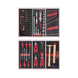 Composition d'outils 2 tiroirs pour servante
- empreinte des outils découpee au laser
- résistant aux huiles et produits chimiques
- mousse imputrescible
composition :
module de douilles et accessoires ultimate 1/4". 54 pièces
module de douilles et accessoires ultimate 1/2". 24 pièces
module de clés mixtes ultimate. 17 pièces - de 6 a 22 mm module de tournevis ultimate fente - pozidriv. 6 pièces
module de pinces. 4 pièces
module d'outils de frappe manche bois. 9 pièces