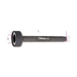 Outil pour rotule axiale petit diamètre 28-35mm etape 1.
le corps creux permet d'introduire la barre de couplage jusqu'a etablir le contact entre la rotule axiale et la tête de l'outil.
etape 2.
choisir une clé de 27 mm ou une douille de 1/2 pour intervenir sur l'extremite de l'outil 