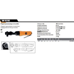 Cliquet pneumatique reversible
- Poignée ergonomique en caoutchouc
- Echappement de l air par l arrière
Vitesse à vide 160 tours/min
Couple de serrage maximum 68 Nm
Capacité vis/écrou Cl 8.8 M10 16 mm
Capacité vis/écrou Cl 12.9 M8 13 mm
Filetage d'arrivée d'air 1/4" GAS
Pression d'utilisation 6,3 bars
intérieur du tuyau d'air 10 mm
Consommation d'air moyenne 140 l/min
Poids 1,1 kg