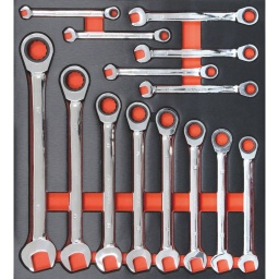 Module mousse 395x356mm métal clés à cliquet droites 14 pcs
Dimensions : 395x178x32mm.
14 clés mixtes à cliquet 72 dents de 8 à 24mm