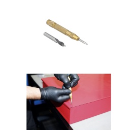 Ce jeu comprend un poinçon de centrage automatique et un foret HSS de 8 mm, doté d'un axe de guidage à ressort, et est conçu pour percer ou couper les soudures par points, ce qui permet de casser la soudure et de démonter les panneaux soudés.
Le poinçon de centrage est utilisé pour faire une marque au centre de la soudure par points, avant de placer le foret sur la soudure.
L'axe de guidage se place alors dans la marque et maintient le foret stable et centré pendant le perçage de la soudure par points.
Conçu pour percer les soudures par points à l'aide de perceuses pneumatiques ou électriques.
Foret HSS 8 mm avec pointe centrale à ressort intégré.
Poinçon de centrage automatique pour faire une marque au centre du point de soudure.
Toujours porter une protection oculaire