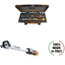 Clé dynamométrique à cliquet Zero-Reset avec douilles et rallonges dans un étui
Grâce à sa nouvelle conception, il n'est plus nécessaire de remettre à zéro la clé après son utilisation.
COFFRET COMPLET : 1 clé dynamométrique 666/10X, avec carré d'entrainement mâle 1/2'' et de plage de serrage 20 à 100 Nm, est complétée d'un assortiment complet de douilles 920A, des rallonges 920/20 et 920/21 et un adaptateur 920/15.
TECHNOLOGIE ZÉRO-RESET : Grâce à des matériaux ultra-performants et à des traitements thermiques précis sur le ressort et sur les composants du système de réglage, il n'est plus nécessaire de remettre à zéro la clé en fin d'utilisation.
RÉGLAGE FACILE : L'échelle graduée du vernier permet de régler avec précisions le couple de serrage pouvant aller jusqu'au dixième de Nm.
PLUS GRANDE VISIBILITÉ : La double échelle graduée en Nm permet une visibilité plus claire et plus facile du couple.
CLIQUET RÉVERSIBLE : Mécanisme à 72 dents permet une utilisation précise et rapide de la clé, garantissant un angle de reprise de 5° de serrage. Pour une serrage à droite avec une précision de serrage du couple : ± 3 %.
MANCHE BI-MATIÈRE : Poignée ergonomique permettant une prise en main sûre et confortable. Fabriquée à partir de matériaux résistants : aux carburants, à l'huile et aux produits industriels.
SYSTÈME DE VERROUILLAGE DU COUPLE : Bouton de verrouillage/déverrouillage avec une bague rouge haute visibilité signalant la position déverrouillée.
Le couple se règle grâce à la rotation de la poignée.
MÉCANISME À CLIC : Le clic mécanique est audible et palpable.
100 % FABRIQUÉ EN ITALIE : Entièrement conçues et fabriquées en Italie, assemblées, testées et certifiées dans le Dynalab de Beta, à notre siège social de Sovico, se traduisant par des clés dynamométriques de qualité Premium.