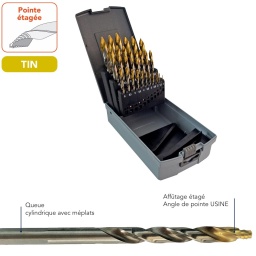 Coffret 25 forets pointes etagées perçage facile revêtement TIN