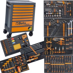 Servante mobile avec 8 tiroirs RSC24/8
évolution de la cabine à roulettes C24S!
Plan de travail renforcé et une large gamme d'accessoires dédiés!
Disponible en 7 combinaisons de couleurs différentes!
Nouveau plan de travail renforcé en ABS, conçu pour supporter les coffres à outils RSC22, RSC23, RSC23C et RSC23T.
Composition outillage Beta made in Italie
M25 : Clés mixtes, contre coudée, et clés cliquet reversible
M105 : Douille 1/4 et 1/2 3/8 116 pièces
M266 : Pinces circlips, pinces embouts 10mm 55pièces
M213 : Tournevis 25 pièces
M304 : Clé à douilles en T 15 pièces
M118 : Clé choc et douilles choc 33 pièces
M66 : Clés allen, tv douilles et embouts 161 pièces
Caractéristiques principales:
- 8 tiroirs entièrement amovibles (588x367 mm), avec glissières à roulement à billes:
6 tiroirs, hauteur 70 mm
2 tiroirs hauteur 140 mm
- Dessus polyvalent avec bords anti-chute et huit trous pour le rangement des tournevis
- Quatre roulettes Ø 125 mm:
2 fixes et 2 directionnelles (dont une avec frein).
- Verrou de sécurité centralisé à l'avant.
- Capacité de charge statique: 800 kg.
- Porte-bouteille intégré (peut être appliqué des deux côtés).
- Les accessoires suivants peuvent être ajoutés:
plan de travail en bois 2400 RSC24 / PL
panneau porte-outils perforé 2400 RSC24 / PF
étagère pliante 2400 RSC24/MP
porte-documents 2400 RSC24 // PD (disponible en gris anthracite ou noir)
support de rouleau de papier 2400 RSC24 / PC (disponible en gris anthracite ou noir)
- Bases de tiroirs protégées par des tapis en caoutchouc mousse.
- Chaque tiroir peut accueillir jusqu'à 4 plateaux en mousse EVA ou en ABS thermoformé.