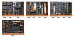 Composition de 104 outils pour la maintenance générale en plateaux thermoformés rigides en ABS
1260 tournevis pour vis à fente 2,5x50 - 3x75 - 3,5x100 - 4x125 - 5,5x100 - 5,5x150 - 6,5x150 mm
1262 tournevis pour vis Phillips® PH0x60 - PH0x100 - PH1x80 - PH1x120 - PH2x100 - PH2x150 mm
920A douilles 6 pans avec carré conducteur femelle 1/2" 10-11-12-13-14-15-16-17-18-19-20-21-22-23-24-26-27-30-32 mm
920/21 rallonge - 1/2" 125 mm
920/22 rallonge - 1/2" 255 mm
920/25 cardan 1/2"
920/42 poignée coulissante 1/2" 305 mm
920/55 cliquet réversible 1/2"
1032 pinces pour circlips intérieurs à becs droits 180 mm
1034 pinces pour circlips intérieurs à becs coudés 170 mm
1036 pinces pour circlips extérieurs à becs droits 175 mm
1038 pinces pour circlips extérieurs à becs coudés 175 mm
1048N Pince multiprise entrepassée 250 mm
1052 pince - étau à becs droits 240 mm
1084 Pince coupante diagonale à faible effort de coupe 160 mm
1150 pince à becs demi-ronds longs 180 mm
1166 Pince à becs demi-ronds longs 160 mm
35 burins nervurés 100-200 mm
1370 marteau de mécanicien 300 g
1390 maillet à embouts nylon, manche en bois Ø 35 mm
951 clés mâles 6 pans en T 2,5-3-4-5-6-8 mm
55 clés à fourches 6x7-8x9-10x11-12x13-14x15-16x17-18x19-20x22 mm
96/SC9 clés mâles 6 pans coudées 1,5÷10 mm
42 clés mixtes 6-7-8-9-10-11-12-13-14-15-16-17-18-19-20-21 mm
42 clés mixtes 22-24-27-30-32 mm
1128BMX ciseaux d’electricien
1130BMX Ciseaux multifonctions
1719BMA...Q Lime carrée demi-douce 200 mm
1719BMA...P Lime plate demi-douce 200 mm
1719BMA...T Lime triangulaire demi-douce 200 mm
1719BMA...M Lime demi-ronde demi-douce 200 mm
1719BMA...R lime ronde demi-douce 200 mm
1726BM monture de scie à métaux
1728BM lames de scies
1771BM cutter à lame sécable 18 mm avec lames 170 mm
1778V18 185 mm