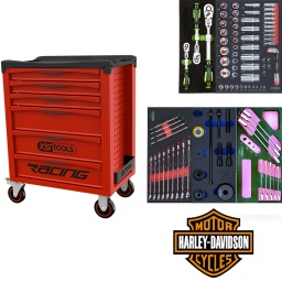 Servante d'atelier vide RACING, 6 tiroirs Ouverture totale des tiroirs Système de fermeture centralisée par serrure latérale Glissières à roulements à billes 4 roues robustes Ø 125 mm dont 2 directionnelles avec frein Existe aussi en 5 et 7 tiroirs Plan de travail en polypropylène (PP) avec règle graduée de 50 cm Perforations normalisées pour fixation d'accessoires Divers rangements latéraux dont un porte-flacons amovible Tapis mousse dans chaque tiroir Dimensions utiles des tiroirs : 3 x H 55 x L 565 x P 400 mm 3 x H 130 x L 565 x P 400 mm Composition pour entretien Harley davidson Composition douilles 1/4 et 1/2 Douille 6 pans ULTIMATE 1/4'': 3/16'',7/32'',1/4'',9/32'',5/16'',11/32'',3/8'',13/32'',7/16'',1/2'',9/16'' Douille 6 pans ULTIMATE® 1/2'': 3/8'',7/16'', 1/2'', 9/16'', 19/32'', 5/8'', 21/32'', 11/16'', 3/4'', 25/32'', 13/16'', 7/8'', 15/16'',31/32'', 1'', 1,1/16'', 1,1/8'', 1,3/16'', 1,1/4'' Douille longue 6 pans ULTIMATE 1/4'': 5/32'', 3/16'', 7/32'', 1/4'', 9/32'', 5/16'', 11/32'', 3/8'', 7/16'', 1/2'' Douille longue 6 pans ULTIMATE® 1/2'': 3/8'', 7/16'', 1/2'', 9/16'', 11/16'', 3/4'', 7/8'', 15/16'', 1'' Douille tournevis ULTIMATE® 6 pans 1/4'', L.37 mm - 1/8'', 5/32'',3/16'',7/32'',1/4'' 922.1565 Douille tournevis ULTIMATE® 6 pans 1/4'', L.37 mm - 1/4'' 5,12 € Clé mâle 6 pans à tête sphérique longue, 5/64'',3/32'',1/8'', 5/32'', 3/16'', 1/4'', 5/16'', 3/8'' Clé mixtes :1/4-5/16-11/32-3/8-7/16-1/2-9/16-5/8-11/16-3/4-13/16-7/8-15/16