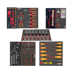 Composition outils en module mousse pour électricien et electronicien
parfaitement adaptee pour les services entretien ou bien électricité automobile
descritpion :
1 module douilles isolées 1000 volts
1 module pinces isolées
1 module martellerie
1 module Pince à cosse + pince à dénuder auto
1 module extracteur de cosses
1 module micro vissage (démontage telephonie / carte électronique)
1 module tv et pince électronique
1 module tv isolées 1000v