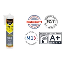 BETA Fix
- Colle de fixation instantanée ultra forte avec effet ventouse
Caractéristiques :
Colle instantanée ultra-résistante
Forte résistance mécanique
Sans isocyanates, phtalates, solvants et silicone
Élastique, sans bulles et sans odeur, il ne rétrécit pas et résiste aux vibrations.
Utilisable en intérieur et en extérieur, il résiste à l'eau et aux intempéries
Adhère sans apprêt sur la plupart des supports même humides
MODE D'EMPLOI :
Appliquer la colle en bandes verticales espacées de 10 à 20 cm, placer ensuite le matériau et presser fort pour que la colle s'applique sur une épaisseur de 2 à 3 mm minimum. Ne surtout pas appliquer par points.
Température d'application : +5 °C ÷ +40 °C ( sur le support et sur l'environnement).
S'applique avec un pistolet à mastic standard et la buse « V » fournie avec la colle. Les sufaces doivent être dures et nettoyées (sans graisse ni poussière).
Tester avant application.