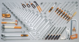 Composition de 99 outils pour engins de chantier
30: chasse-clous 3 - 4 mm
31: chasse-goupilles 6 - 8mm
32: pointeau 4 mm
35: burins nervurés 150 - 200mm
42AS: clés mixtes 1/4÷1.1/2”
90AS: clés polygonales contre - coudées 1/4x5/16 - 3/8x7/16 - 1/2x9/16 5/8x3/4 - 11/16x13/16 - 7/8x15/16”
96AS/B11: clés mâles 6 pans coudées 3/64÷3/8”
920AS: douilles 12 pans 1/2” 7/16 - 1/2 - 9/16 5/8 - 11/16 - 3/4 - 13/16 - 7/8 - 15/16 - 1”
920/21: rallonge - 1/2" 125 mm
920/22: rallonge - 1/2" 255 mm
920/25: cardan 1/2"
920/42: poignée coulissante 1/2"
920/50: cliquet réversible à glissières 1/2"
928AS: douilles 6 pans 1/4" 3/4”, 7/8 - 15/16 - 1 - 1.1/16 - 1.1/8 - 1.1/4 - 1.5/16 1.1/2 - 1.5/8 - 1.11/16 - 1.7/8 - 2”
928/21: rallonge - 3/4" 200 mm
928/36A: poignée articulée 3/4"
928/42: poignée coulissante 3/4"
928/55: cliquet réversible 3/4"
964: pince levier à broche et à bec
1048N: Pince multiprise entrepassée 250 mm
1055: pince-étau à becs arrondis
1084GBM: pince coupante diagonale à faible effort de coupe, branchées gainées confort bi-matières, finition industrielle 160 mm
1128BMX: ciseaux d’electricien
1150GBM: pince universelle, branches gainées confort bi-matières, modèle grande capacité, finition industrielle 180 mm
1166GBM: pince à becs demi-ronds longs striés, branches gainées confort bi-matières, finition industrielle 160 mm
1260E: tournevis avec 6 pans pour vis à fente 6,5x150 - 8x175 - 10x200 - 12x250 mm
1262E: tournevis avec 6 pans pour vis Phillips® PH2x150 - PH3x175 - PH4x200 mm
1377: marteau de mécanicien modèle américain 900 g
1390: maillet à embouts nylon, manche en bois 35 mm
1708/20: jauge d'épaisseur 150 - 200 mm
1717B: grattoir triangulaire 200 mm
1719BMA...S5: limes demi-douces 200 mm
1725: monture de scie à métaux