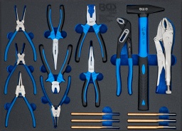 Barquette en mousse dure robuste de haute qualitéHauteur de l’insert sans l’outil : 32 mmPour toutes les servantes d’atelier BGSContenu de la livraison 1 pince pour circlips | droite | pour circlips intérieurs | 175 mm (art. 447-2)1 pince pour circlips | droite | pour circlips extérieurs | 175 mm (art. 447-3)1 pince pour circlips | coudée | pour circlips intérieurs | 175 mm (art. 447-4)1 pince pour circlips | coudée | pour circlips extérieurs | 175 mm (art. 447-1)1 pince coupante diagonale suédoise | 165 mm (art. 393)1 pince téléphone | droite | 200 mm (art. 389)1 pince téléphone | coudée | 200 mm (art. 373)1 pince combinée | 175 mm (art. 370)1 pince multiprises | avec charnière traversante | 240 mm (art. 75111)1 marteau de serrurier | manche en fibres de verre | DIN 1041 | 500 g (art. 3854)1 pince-étau | avec levier de dégagement vinyle | 250 mm (art. 4491)1 chasse-goupilles | 150 mm | 3 mm (art. 1651-3)1 chasse-goupilles | 150 mm | 4 mm (art. 1651-4)1 chasse-goupilles | 150 mm | 5 mm (art. 1651-5)1 chasse-goupilles | 150 mm | 6 mm (art. 1651-6)1 chasse-goupilles | 150 mm | 7 mm (art. 1651-7)1 chasse-goupilles | 150 mm | 8 mm (art. 1651-8)