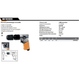 Perceuse réversible corp alu
• Legere et maniable
• Inverseur de rotation à levier
• Échappement de l'air par la poignée
Vitesse à vide 1.800 tours/min
Capacité mandrin 1÷10 mm
Puissance 0,25 kW
Filetage de la broche 3/8” - 24UNF
Filetage d'arrivée d'air 1/4" GAS
Pression d'utilisation 6,3 bar
Ø intérieur du tuyau d'air 10 mm
Consommation d'air moyenne 170 l/min
Poids 1.0 kg