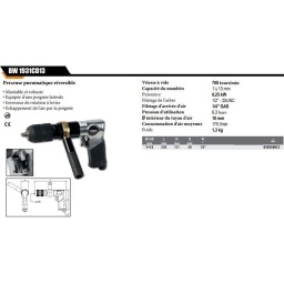 Perceuse réversible corp alu
• robuste et maniable
• Inverseur de rotation à levier
• Échappement de l'air par la poignée
Vitesse à vide 700 tours/min
Capacité mandrin 1÷13 mm
Puissance 0,25 kW
Filetage de la broche 1/2” - 20UNC
Filetage d'arrivée d'air 1/4" GAS
Pression d'utilisation 6,3 bar
Ø intérieur du tuyau d'air 10 mm
Consommation d'air moyenne 170 l/min
Poids 1.3kg