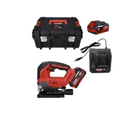 Coffret scie sauteuse sur batterie 18V, 2 batteries et chargeur
Pour de la coupe de finition plate ou tubulaire multi-matériaux sur du bois, du plastique, du métal ou de l'aluminium
Mouvement pendulaire réglable sur 4 niveaux pour des découpes faciles droites, circulaires ou en courbes
Semelle inclinable pour une coupe pratique en biseau jusqu'à 45° de chaque côté
Moteur brushless (sans charbon) puissant et économe en énergie
Gâchette progressive permettant un ajustement optimal de la vitesse
Changement rapide et facile de la lame
Guide de coupe parallèle inclus pour faciliter les coupes de précision
Eclairage LED permettant de travailler dans les environnements peu lumineux
Interrupteur de sécurité pour éviter tout démarrage accidentel
Capot de protection transparent
Compacte et confortable à utiliser grâce à sa poignée ergonomique en caoutchouc et ses vibrations réduites
Légère pour une fatigue musculaire limitée et une utilisation facilitée à 1 main
Large tube d'évacuation des poussières Ø35 mm vers l'arrière de la machine
Livrée avec une lame pour le bois en acier/carbone HCS L.100 mm et une lame métal HSS L.76 mm
Livrée dans son coffret avec 2 batteries 4 Ah et 1 chargeur simple
Batterie commune à toute la gamme d'outillage électroportatif KS Tools 515.47XX, y compris enceinte de chantier 100172F et projecteurs 150.4358F et 150.4470F
Indicateur LED du niveau de charge sur les batteries
Batteries avec coque en nylon retardateur de flamme
Course en mm :25,4 mm
Dimensions :L.230 x l.80 x H.220 mm
Tension d'alimentation :18 V
Vitesse de rotation à vide en T/mn :3200 Tr/min
Poids :2,23 kg