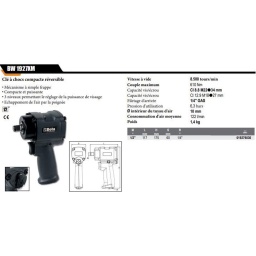 Extrêmement compacte et puissante
610 Nm
- mécanisme à simple frappe
- extrêmement compacte et puissante
- trois niveaux de réglage de la puissance de vissage et de dévissage
- échappement de l'air par la poignée
Vitesse à vide 8.400 tours/min
Couple de serrage maximum 610 Nm
Capacité vis/écrou Cl 8.8 M22 34 mm
Capacité vis/écrou Cl 12.9 M18 27 mm
Filetage d'arrivée d'air 1/4" GAS
Pression d'utilisation 6,6 bar
intérieur du tuyau d'air 10 mm
Consommation d'air moyenne 122 l/min
Poids 1,4 kg