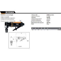 Meuleuse à renvoi d'angle - Corps composite - Fournie avec pinces de Ø 3 et 6 mm Vitesse à vide 20.000 tours/min Capacité pince 3 - 6 mm Puissance 0,20 kW Filetage d'arrivée d'air 1/4