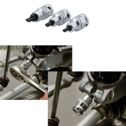 Jeu de 3 douilles d'écartement compactes pour fixation de moyeu, conçues pour permettre de maintenir ouvert le moyeu divisé de la suspension afin de faciliter la dépose et la pose de la jambe de force de la suspension.
Convient pour une utilisation sur divers modèles BMW, Citroën, Ford, Peugeot et du groupe VW. Les forets ovales de forme spéciale permettent une action plus douce et plus progressive.
Pour la pose et la dépose des jambes de suspension sans retirer le moyeu du véhicule.
Utilisation simple. Insérer le foret ovale dans la fente du moyeu et tourner à 90 degrés pour ouvrir le joint. À utiliser avec une clé à entraînement de 1/2".
Les applications comprennent : Véhicules Audi, BMW, Citroën, Ford, Peugeot et groupe Volkswagen.
En chrome-vanadium, avec embouts S2 (acier au silicium).
Idéal pour une utilisation avec des compresseurs de ressort et des kits de dépose d'amortisseurs Macpherson, comme les références Laser 7673 et 7404.