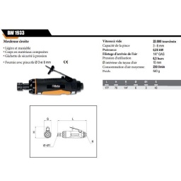 Meuleuse droite
- Corps composite
- Fournie avec pinces de Ø 3 et 6 mm
-Vitesse à vide 22.000 tours/min
-Puissance 0,25 kW
-Filetage d'arrivée d'air 1/4" GAS Pression d'utilisation 6,3 bar
-Ø intérieur du tuyau d'air 10 mm
-Consommation d'air moyenne 230 l/min Poids -540 g