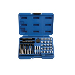 Kit d'outils pour reparer les filetages de bougies (culasse en alliage)
kit comprenant 31 tarauds et inserts pour reparer les filetages des bougies 8 | 10 | 12mm sur les culasses en alliages.
nous recomm ndons de deposer la culasse du moteur.
liste des composants sur l'image ci-dessus :
a : outil de pose d'insert
b : poignée pour (h)
c : inserts : mm x 1.0
d : inserts : m10 x 1.0
e : inserts : m10 x 1.25
f : inserts : m12 x 1.25
g : obturateurs pour orifices bougie
h : tige de pose d'insert
1. m14 x 1.25 couteau pour insert (pour insert m12 x 1.25)
2. m12 x 1.25 taraud pour refileter
3. m12 x 1.0 couteau pour insert (pour insert m10 x 1.25)
4. m10 x 1.25 taraud pour refileter
5. m10 x 1.0 couteau pour insert (pour insert mm x 1.0)
6. mm x 1.0 taraud pour refilete