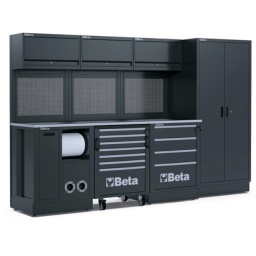 Combinaison d'ameublement d'atelier RSC50 2.0
Combinaison comprenant les éléments suivants :
1 plan de travail 2240 x 700 mm (RSC50 2.0 NPG/3-2,2MT)
1 module fixe de propreté (RSC50 2.0 MS-2AVV) avec enrouleur de tuyau d'air comprimé réf : 1900S 8x10 et enrouleur de câble électrique réf : 1844 15-H05/SCK (inclus)
1 servante mobile avec 7 tiroirs (RSC50 2.0 C7)
1 module fixe avec 4 tiroirs (RSC50 2.0 M4)
3 meubles hauts muraux (RSC50 2.0 PM)
3 panneaux porte-outils perforés supérieurs (RSC50 2.0 PFS)
3 panneaux porte-outils perforés inférieurs (RSC50 2.0 PFI)
3 paires d'étriers (RSC50 2.0 P/2MDX-SX)
1 armoire 2 portes (RSC50 2.0 A2)