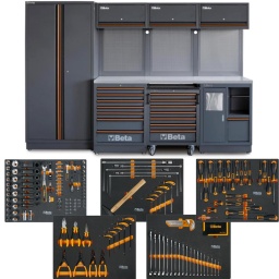 Combinaison de meubles d'atelier C45PRO 2.0 X avec un assortiment de 267 outils Beta Worker pour l'automobile
Combinaison composée de :
- Module fixe avec 7 tiroirs (C45PRO 2.0 M7)
- Bloc tiroirs mobile avec 7 tiroirs (C45PRO 2.0 C7)
- Module de service fixe (C45PRO 2.0 MS)
- 3 planches à outils perforées (C45PRO 2.0 PF)
- 3 armoires murales (C45PRO 2.0 PM)
- 3 supports muraux type large (C45PRO 2.0 SL)
- 1 support mural type étroit (C45PRO 2.0 SS)
- Armoire 2 portes (C45PRO 2.0 AS2)
Surface de travail en MDF revêtue d'acier inoxydable (C45PRO 2.0 PXE/3-2,0MT)
Avec un assortiment de 267 outils Beta Worker pour l'automobile, dans des plateaux souples en EVA
Dimensions : 2000x2955x645mm