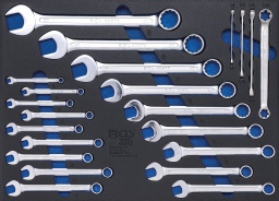 forgé à froid extrémité du cliquet coudée Clé mixte : 8 - 9 - 10 - 11 - 12 - 13 - 14 - 15 - 16 - 17 - 18 - 19 - 21 - 22 - 24 - 27 - 30 - 32 mm Clé profil E : E6 x E8 - E10 x E12 - E14 x E18 - E20 x E24