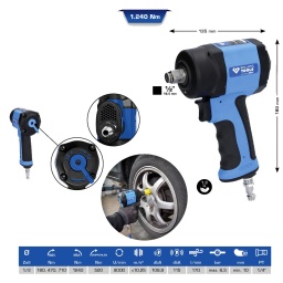 Extrêmement compact
Haute performance de 1 240 Nm
Conception robuste
Outil de percussion industriel haute performance Jumbo
Poignée de forme ergonomique
Extrêmement compact, robuste et de haute performance, le mini tournevis à percussion à air comprimé BRILLIANT TOOLS 1/2" BT160400 vous assiste lors du changement de pneus ainsi que d’autres réparations.
Grâce à sa puissance maximale de 1 240 Nm, le desserrage des vis ou des écrous bloqués n’est plus un problème, même dans les endroits les plus exigus. Il est très performant malgré sa taille réduite.
Grâce à son poids de seulement 1,2 kg, il réduit sensiblement toutes les contraintes propres aux travaux de vissage au niveau des muscles de la nuque, de l’épaule, du bras et du dos.
La puissance élevée est atteinte à l’aide d’un outil de percussion haute performance Jumbo qui ne nécessite aucun entretien grâce à la lubrification pendant toute la durée de vie.
En graissant régulièrement la pièce d’air grâce à l’huile fournie, vous pouvez profiter pendant longtemps de votre tournevis à percussion. Le couple de serrage des vis ou écrous est réglable en 3 niveaux.
L’air sortant est amené vers le bas grâce à la poignée de forme ergonomique isolant du froid. Elle est recouverte de caoutchouc et offre un maintien antidérapant qui protège aussi des vibrations.
Le raccord 1/4" est également compris dans la livraison, le tournevis à percussion est ainsi directement opérationnel.
Données techniques :
Carré d’entraînement : 1/2"
Couple maximal de serrage : 1 = 240 Nm
2 = 580 Nm
3 = 890 Nm
Couple maximal de desserrage : 1 240 Nm
Vitesse de rotation à vide : 9 000
Vibrations : 10,25 m/s2
Bruit max à vide : 108,9 dbA
Bruit max en choc : 115 dbA
Couple de serrage recommandé : 415 Nm
Consommation d’air : 170 l/min
Pression de travail : max. 6,3 bars
Diamètre minimum du tuyau : 10 mm
Filetage de raccord : 1/4" PT
Caractéristiques
Longueur totale L en mm: 180
Bruit max en choc (dbA): 115
Couple maximal de desserrage: 1240
Largeur B: 135
Pression de travail max (bar): 6.3
Largeur de l’emballage en mm: 169
Lien vidéo Utilisation: Video
Vibrations: 10,25
Bruit max à vide (dbA): 108.9
Consommation d'air l/mn: 170
Taille en pouces: 1/2
Vitesse de rotation à vide en T/mn: 9000
Poids en g: 1260
Couple de serrage recommandé: 415
Diamètre minimum du tuyau: 10
Filetage de raccord: 1/4"PT
Contenu: 1
Longueur de l’emballage en mm: 228
Hauteur de l’emballage en mm: 85
Couple maximal de serrage: 240 - 580 - 890