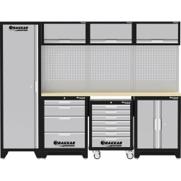 Armoire haute x1
Meuble bas 4 tiroirs x1 (dimensions intérieures tiroirs) :
- profondeur = 405mm
- largeur = 565mm
- hauteur = 57mm (tiroir haut)
- hauteur = 138mm
Servante d'atelier 7 tiroirs x1 (dimensions intérieures tiroirs) :
- profondeur = 405mm
- largeur = 530mm
- hauteur = 55mm
- hauteur = 138mm (tiroir bas)
Meuble bas 2 portes x1
Meuble haut x3
Panneau perforé - trous carrés - tôle acier ép.2mm x3
Plan de travail droit x1 L.2041x463x38mm
Connecteurs de côté pour panneaux x7
Connecteur support x1
Hauteur
2000mm
Dimensions Lgxlgxh
2640x488x2000mm
Poids
247,1KG
