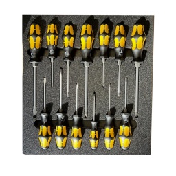 Composition :
917 SPH 1x PH 1x80; 1x PH 2x100; 1x PH 3x150
918 SPZ 1x PZ 1x80; 1x PZ 2x100; 1x PZ 3x150
932 A 1x 0,6x3,5x80 1); 1x 0,8x4,5x90;1x 1,0x5,5x100; 1x 1,2x7,0x125;1x 1,6x9,0x150
977 TORX® 1x TX 20x90; 1x TX 25x100
Module 344x392mm