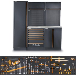 Combinaison de meubles d'atelier C45PRO 2.0 B7X avec un assortiment de 196 outils universels Beta Worker
Combinaison composée de :
- Module fixe avec 7 tiroirs (C45PRO 2.0 M7)
- Module fixe avec 2 portes (C45PRO 2.0 MA)
- 2 planches à outils perforées (C45PRO 2.0 PF)
- 2 armoires murales (C45PRO 2.0 PM)
- 2 supports muraux type large (C45PRO 2.0 SL)
- 1 support mural type étroit (C45PRO 2.0 SS)
- 1 armoire à portes (C45PRO 2.0 AS1)
Plan de travail en MDF revêtu d'acier inoxydable (C45PRO 2.0 PXE/2-1,3MT)
Avec un assortiment de 196 outils Beta Worker à usage universel, dans des plateaux souples en EVA
Dimensions: 2000x645x1960mm