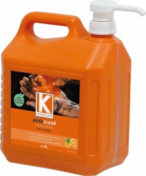 Nettoyant mains d'atelier orange parfum orange - bidon de 3,78L avec pompe Le savon orange MEKACLEAN est un nettoyant naturel pour les mains qui ne contient pas de solvants pétroliers ou végétal. Ce nettoyant pour mains a un parfum d'orange. C'est un gel abrasif qui n'agresse pas les mains, formule proche du PH de la peau et enrichie en actifs hydratants (glycérine et Aloe Vera). Idéal pour enlever cambouis, colles, graisses, poussières de frein, goudrons, peintures fraiches, etc. Capacité 3,78L Fourni avec avec pompe