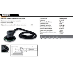 Ponceuse orbitale rotative en matériau composite
• Très compacte et maniable
• Diamètre orbite 5 mm
• Régulation en continu de la vitesse du moteur
Vitesse à vide 10.000 tours/min
Puissance 0,18 kW
Dimensions du plateau 150 mm
Diamètre orbite 5 mm
Filetage de la broche 5/16"-24
Filetage d'arrivée d'air 1/4" GAS
Pression d'utilisation 6,3 bar
Ø intérieur du tuyau d'air 10 mm
Consommation d'air moyenne 79 l/min
Poids 1,15 kg