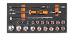 Composition
920A douilles 6 pans avec carré conducteur femelle 1/2" 10 - 11 - 12 - 13 - 14 - 15 - 16 - 17 - 18 - 19 - 20 - 21 - 22 - 23 - 24 - 26 - 27 - 30 - 32 mm
920/25 cardan 1/2"
920/42 poignée coulissante 1/2"
920/55 cliquet réversible 1/2"
920AN rallonge angulaire - 1/2” 125-250 mm
Module 205x418mm