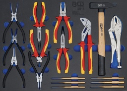 Étendue de la livraison :Pince pour circlips, droite, pour circlips extérieurs, 180 mmPince pour circlips, coudée, pour circlips extérieurs, 180 mmPince pour circlips, droite, pour circlips intérieurs, 180 mmPince pour circlips, coudée, pour circlips intérieurs, 180 mmPince universelle VDE, 180 mmPince téléphone VDE, 200 mmPince téléphone VDE, coudée, 200 mmPince coupante VDE, 160 mmPince multiprise VDE, 250 mmMarteau de serrurier, manche en hickory, DIN 1041, 500 gPince étau, avec levier de dégagement vinyle, 250 mm6 chasse-goupilles, 150 mm, tailles : 3 - 4 - 5 - 6 - 7 - 8 mm>>Hauteur de l'insert sans outils: 32 mm