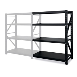 Eléments supplémentaires pour rayonnage robuste avec 4 étagères
Les éléments supplémentaires permettent de prolonger les rayonnages pour augmenter l'espace de stockage.
Fabriqué en tôle d'acier robuste, il convient parfaitement pour tout type de marchandises.
- Capacité de charge par étagère : 250 kg
- Capacité de charge totale : 1000 kg
- Prévu pour la fixation au sol