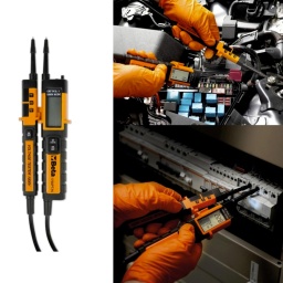 Testeur de tension et de continuité : précision et fiabilité jusqu'à une tension de 1000 V.
Équipé d'un écran numérique haute visibilité et d'une fonction d'auto-test pratique, il garantit à la fois précision et fiabilité pour chaque mesure, ce qui le rend indispensable pour tout professionnel.
Caractéristiques :
Tension : 24 à 1000VAC / 6 à 1000VDC
Indicateur de tension : 6-12-24-50-120-230-400-690-1000
Précision : ± (3 % + 3)V
Temps de réponse : < 1 s (09 %)
Courant maximum absorbé à 1000V : < 3,5mA
Détection de tension sans contact : > 90VAC
Test de rotation de phases : 100 à 1000VAC (50/60Hz)
Angle de phase : 120° ±5°
Test de continuité : 0 ± 1,3 MΩ
Courant (test de continuité) : ≤5 μA