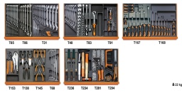 Composition de 153 outils pour la maintenance industrielle en plateaux thermoformés rigides en ABS
42 clés mixtes 6÷21 mm
42 clés mixtes 22 - 24 - 27 - 30 - 32 mm
31 chasse-goupilles Ø 2 - 3 - 4 - 5 - 6 mm
32 pointeau 4 mm
55 clés à fourches 6x7 - 8x9 - 10x11 - 12x13 - 14x15 - 16x17 18x19 - 20x22 - 21x23 - 24x26 - 27x29 - 30x32 mm
96N/SC9 clés mâles 6 pans coudées 1,5 - 2 - 2,5 - 3 - 4 - 5 - 6 - 8 - 10 mm
90 clés polygonales contre - coudées 6÷29 mm
920A douilles 6 pans avec carré conducteur femelle 1/2" 10÷24 - 26 - 27 - 30 - 32 mm
920/21 rallonge - 1/2" 125 mm
920/22 rallonge - 1/2" 255 mm
920/25 cardan 1/2"
920/42 poignée coulissante 1/2"
920/55 cliquet réversible 1/2"
900 douilles 6 pans avec carré conducteur femelle 1/4" 4÷14 mm
900ME douilles tournevis pour vis 6 pans creux carré femelle 1/4"-2,5÷8 mm
900/20 rallonge - 1/4” 50 mm
900/21 rallonge - 1/4” 150 mm
900/25 cardan avec carrés mâle et femelle 1/4"
900BG/30 poignée emmanchée avec carré mâle 1/4"
900/42 poignée coulissante avec carré mâle 1/4"
900/55 cliquet réversible avec carré mâle 1/4"
1260 tournevis pour vis à fente 3x75 - 3x100 - 4x100 - 4x150 - 5,5x100 - 5,5x150 - 6,5x150 - 8x150 - 10x200 mm
1260N tournevis à lame courte pour vis à fente 4x30 - 6,5x30 mm
1262 tournevis pour vis Phillips® PH0x60 - PH0x100 - PH1x80 - PH1x120 - PH2x100 - PH2x150 - PH3x150 mm
1262N tournevis à lame courte pour vis Phillips® PH1x30 - PH2x30 mm
1048N Pince multiprise entrepassée 250 mm
1052 pince - étau à becs droits 240 mm
1084 Pince coupante diagonale à faible effort de coupe 160 mm
1166 Pince à becs demi-ronds longs 160 mm
1150 pince à becs demi-ronds longs 180 mm
1032 pinces pour circlips intérieurs à becs droits 180 mm
1034 pinces pour circlips intérieurs à becs coudés 170 mm
1036 pinces pour circlips extérieurs à becs droits 175 mm
1038 pinces pour circlips extérieurs à becs coudés 175 mm
951 clés mâles 6 pans en T 2,5 - 3 - 4 - 5 - 6 - 8 mm
1719BMA8/S5 limes demi-douces 200 mm
35 burins nervurés 100 - 200 mm
1370 marteau de mécanicien 300 g
1390 maillet à embouts nylon, manche en bois Ø 35 mm
1741B pince à riveter
1741RV...K rivets en aluminium 2,9x6 mm 100
1741RV...K rivets en aluminium 3,2X8 mm 100
1741RV...K rivets en aluminium 3,8x10 mm 100
1741RV...K rivets en aluminium 4x12 mm 100
1741RV...K rivets en aluminium 4,8x12 mm 100
1692 mètre à ruban
1725CR mini - monture de scie à métaux
1771RL Etui de 10 lames sécables 18 mm, pour 1771 et 1771BM, 1771HD
1771 cutter à lame sécable 18 mm avec lames