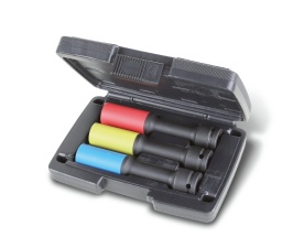 Coffret en plastique de 3 douilles à chocs colorées, série longue, avec embouts polymères pour écrous de roues
17-19-21mm