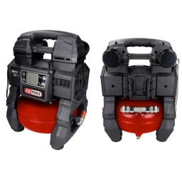 Compresseur portatif silencieux 5 L sur batterie
Moteur brushless (sans charbon) puissant et économe en énergie
2 modes de vitesse du moteur
Pompe à 2 cylindres, sans huile
Equipé d'un silencieux pour un niveau de bruit maîtrisé
Format ultra-compact permettant un transport facile
Idéal pour les travaux sans prises de courant
Écran de réglage LCD
Réglage de la pression par plage de 0,5 bar
Mode silencieux permettant de réduire le bruit généré
Affichage pratique du nombre d'heures d'utilisation
Numéro de série individuel
Livré nu, sans batterie ni chargeur (disponible en lot, référence 165.0816F-A1)
Double raccord 1/4''
Alimentation : batterie lithium-ion 18V
Capacité cuve : 5 L
Classe de protection : II
Code EAN : 3663389007977
Couleur : Noir-rouge
Débit d'air l/min : 65 L/min
Filetage de raccord : 2 x 1/4''
Puissance en Watt : 550 Watt
Pression maximale : 9 bar
Température d'utilisation : -10°C à +70°C
Tension électrique : 18V DC
Vitesse de rotation maxi : 1700 Tr/min
Indice de résistance aux chocs : IK03
Moteur : brushless
Poids : 9,50 kg
Bruit max. mode Fast : 70 dbA
Bruit max. mode Silent : 69 dbA
Pression acoustique : 70 dbA
Puissance acoustique : 84 dbA
Pression d'arrêt électrovanne : 9,2 bar
Pression soupape de sécurité manuelle : 13 bar
Pompe : 2 cylindres, sans huile