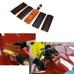 Ensemble de 5 blocs de ponçage manuel, conçus pour être utilisés avec des bandes de ponçage auto-agrippantes de 70 x 198 mm, avec trous d'extraction de la poussière.
Comprend 4 tampons supports magnétiques interchangeables à profils plats, concaves et convexes permettant leur changement rapide en fonction de la forme/du contour du panneau à poncer.
Design ergonomique, avec un corps en mousse, pour le confort et la facilité d'utilisation. Une sortie de poussière et un adaptateur permettent de raccorder le bloc à un tuyau d'aspiration pour un ponçage sans poussière.
Bloc de ponçage magnétique, incorporant un connecteur de flexible pour un travail sans poussière.
Conçu pour être utilisé avec des bandes de ponçage auto-agrippantes standard de 70 x 198 mm.
Comprend 4 tampons auto-agrippants interchangeables à profils plats, concaves et convexes.
Profil ergonomique pour faciliter l'utilisation.
Sortie de poussière : 20/28 mm de diamètre. Convient pour une utilisation avec un système d'extraction de poussière, tel que les références 92697 et 92701.